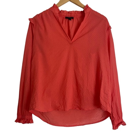 J. Crew Ruffle Trim V-Neck Popover Blouse Coral Embroidered Dots Feminine Sz S - Picture 1 of 9